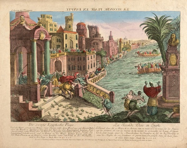 The plague of frogs. Coloured etching.