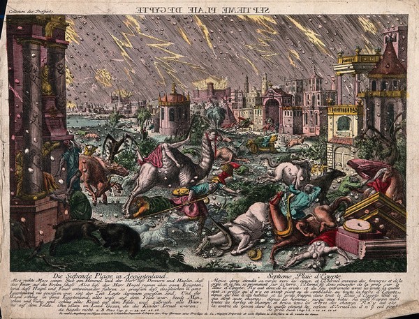 The plague of hail and thunder. Coloured etching.