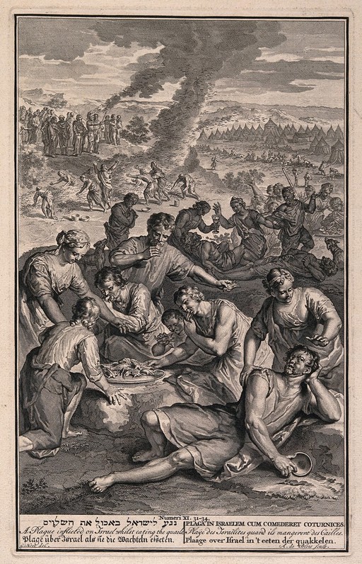 The Israelites struck by plague whilst eating quails. Engraving by A. de Blois after G. Hoet.