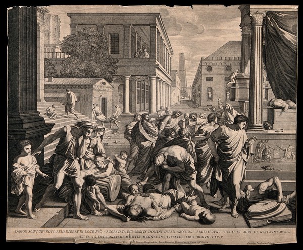 The plague of the Philistines at Ashdod. Engraving by G. Tolosano after G. Courtois after N. Poussin.
