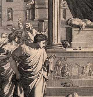 The plague of the Philistines at Ashdod. Engraving by G. Tolosano after G. Courtois after N. Poussin.