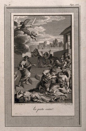 The cessation of plague, brought about by the angel of God. Etching by E. de Ghendt after C. Marillier.