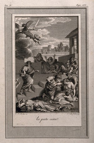 view The cessation of plague, brought about by the angel of God. Etching by E. de Ghendt after C. Marillier.