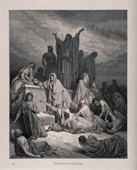 People suffering from the plague in Jerusalem. Wood engraving by J. Huyot after G. Doré.