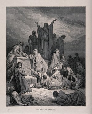 view People suffering from the plague in Jerusalem. Wood engraving by J. Huyot after G. Doré.