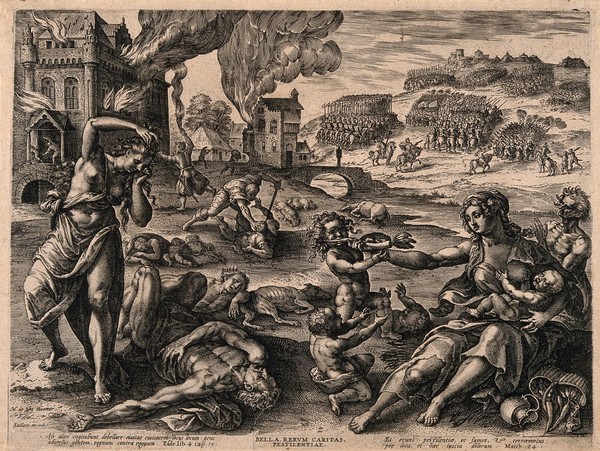 Plague, war and famine. Engraving by Sadeler after M. de Vos.
