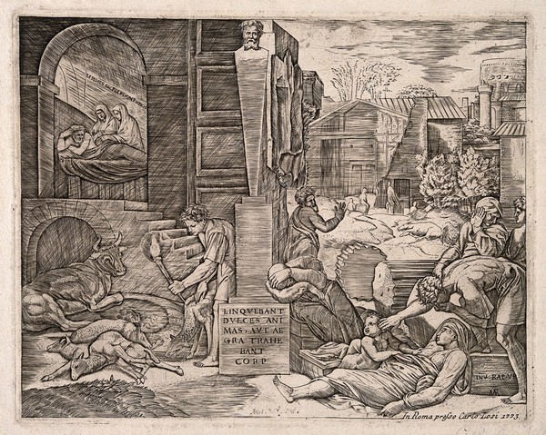 Plague in Phrygia. Engraving by M. Raimondi after Raphael after Virgil.