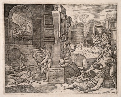 Plague in Phrygia. Engraving by M. Raimondi after Raphael after Virgil.