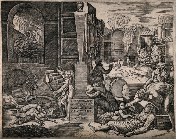 Plague in Phrygia. Engraving by M. Raimondi after Raphael after Virgil.