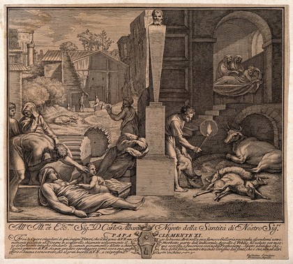 Plague in Phrygia. Engraving by F. Aquila after Raphael after Virgil.