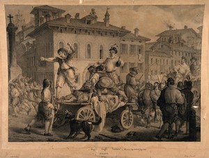 view Accusing the anointers in the great plague of Milan in 1630; a scene from Manzoni's 'I promessi sposi'. Lithograph by G. Gallina after A. Manzoni.