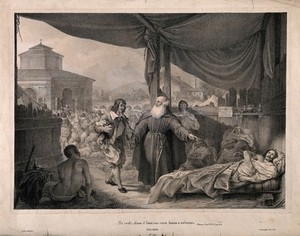 view A monk visiting the victims of the great plague of Milan in 1630; an episode in Manzoni's 'I promessi sposi'. Lithograph by G. Gallina after A. Manzoni.