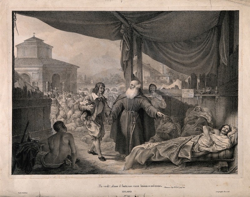 A monk visiting the victims of the great plague of Milan in 1630; an episode in Manzoni's 'I promessi sposi'. Lithograph by G. Gallina after A. Manzoni., by Alessandro Manzoni