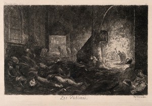 view A Parisian street filled with the dead and dying. Etching by Desbrosses.