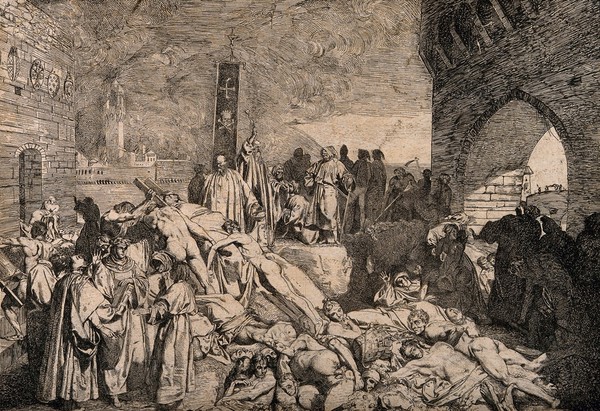 The plague of Florence, 1348; an episode in the Decameron by Boccaccio. Etching by L. Sabatelli the elder after G. Boccaccio.