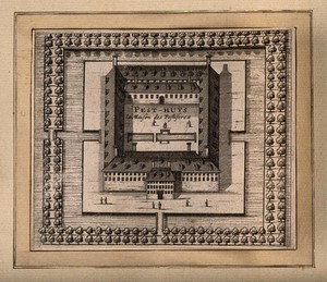 view Leiden pest house, bird's-eye view. Etching.