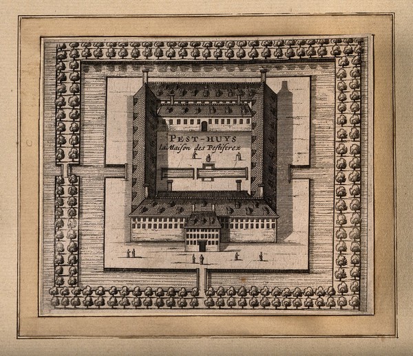 Leiden pest house, bird's-eye view. Etching.