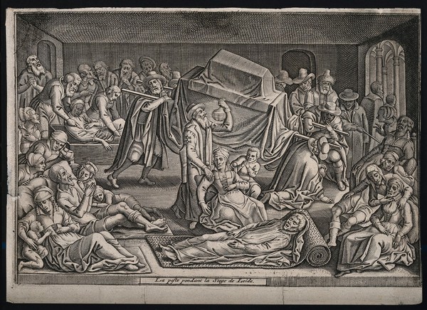 The plague in Leiden in 1574: a doctor examines a urine flask surrounded by the ill, the dying and the dead. Line engraving.