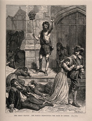 A man in rags announcing the forthcoming doom, during the great plague in London. Wood engraving by A.B. Frost.