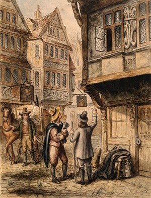 view A cart for transporting the dead in London during the great plague. Watercolour painting by or after G. Cruikshank.