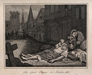 view Two women lying dead in a London street during the great plague, 1665, one with a child who is still alive. Etching after R. Pollard II.