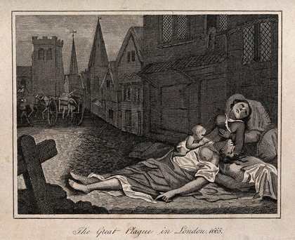 Two women lying dead in a London street during the great plague, 1665, one with a child who is still alive. Etching after R. Pollard II.