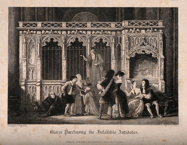 People strolling and buying plague antidotes in old St Paul's Cathedral, London. Etching by J. Franklin.