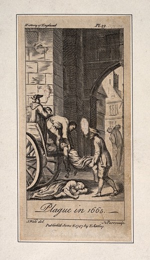 view Victims of the plague in 1665 being lifted on to death carts. Engraving by N. Parr, 1747, after S. Wale.