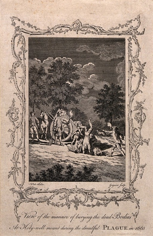 Burying the dead during the plague of 1665. Etching by C. Grignion after S. Wale.