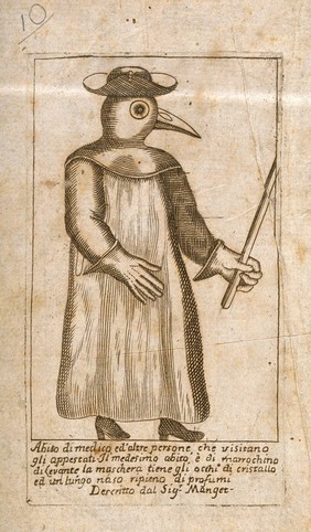 A physician dressed in protective plague costume. Line engraving after J.J. Manget.