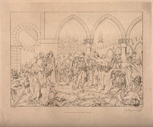 view Napoleon Bonaparte visiting plague-stricken soldiers at Jaffa. Etching by W. Angus, 1805, after A.J. Gros, 1804.