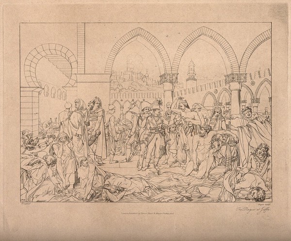Napoleon Bonaparte visiting plague-stricken soldiers at Jaffa. Etching by W. Angus, 1805, after A.J. Gros, 1804.