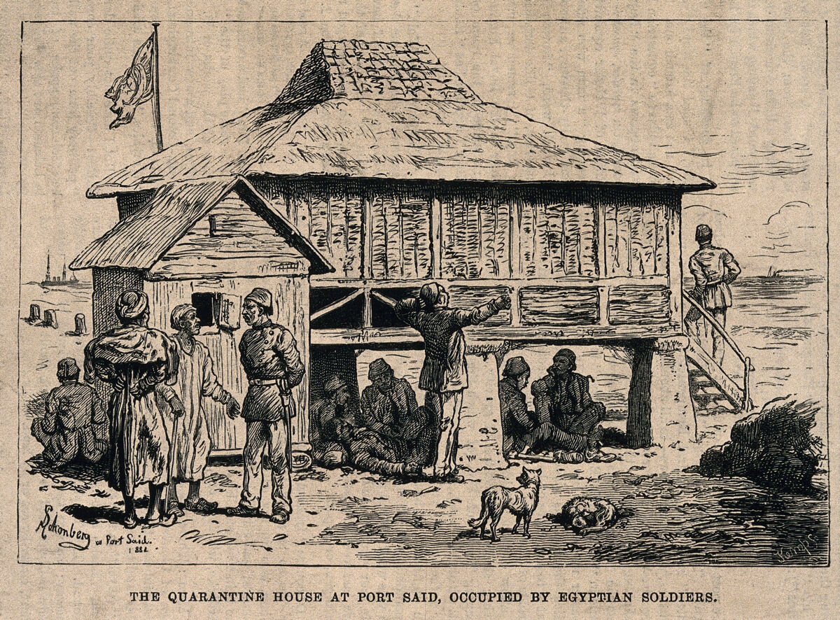 Port Said, Egypt: a quarantine station. Wood engraving by W. Kemp after J.N. Schönberg, 1882., 1882, by Johann Nepomuk Schönberg