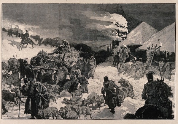 Government soldiers cleansing by fire the plague-ridden village of Vietlanka, Astrakhan in 1879. Reproduction of a wood engraving by D. Vierge.