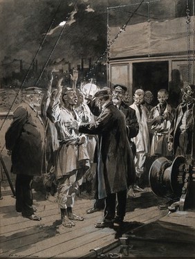 A medical officer examining a ship's crew for bubonic plague on arrival in the Thames. Watercolour drawing by F. de Haenen, 1905, after C.E. Eldred.