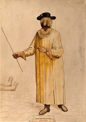 A physician wearing a seventeenth century plague preventive costume. Watercolour.