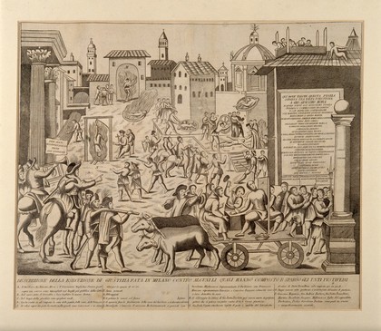 Torture and execution of alleged plague carriers in Milan, 1630. Engraving.