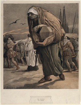 A mother bearing her child's coffin in a funeral procession for victims of the plague. Colour lithograph after F. Jenewein, 1900.