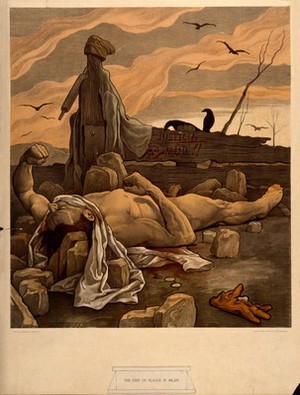 view A dying man, stoned on suspicion of spreading the plague. Colour lithograph after F. Jenewein, 1899.