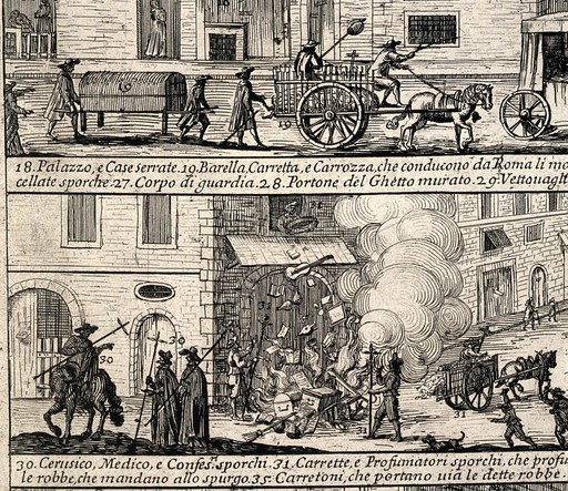 Episodes in the plague in Rome of 1656. Etching.