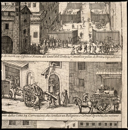 Episodes in the plague in Rome of 1656. Etching.
