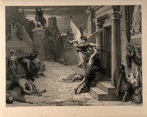 view The angel of death striking a door during the plague of Rome. Engraving by J.G. Levasseur after J. Delaunay.