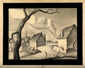 view Smoke from a fire in a desolate town indicates the beginnings of plague. Drawing by A.L. Tarter, 194-.