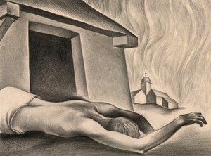 view A man lying dead, from the plague, church and flames in background. Drawing by A.L. Tarter, 194-.