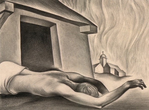 A man lying dead, from the plague, church and flames in background. Drawing by A.L. Tarter, 194-.