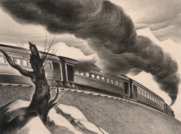 A steam train transporting its passengers and plague to its destination. Drawing by A.L. Tarter, 194-.