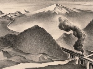 view A steam train transporting its passengers and plague through countryside and towns. Drawing by A.L. Tarter, 194-.