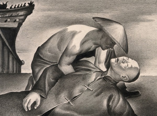 A man dying from the plague in Manchuria. Drawing by A.L. Tarter, 194-.