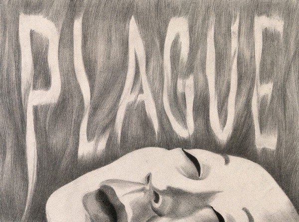 The word "plague" hovers above a victim's face. Drawing by A.L. Tarter, 194-.