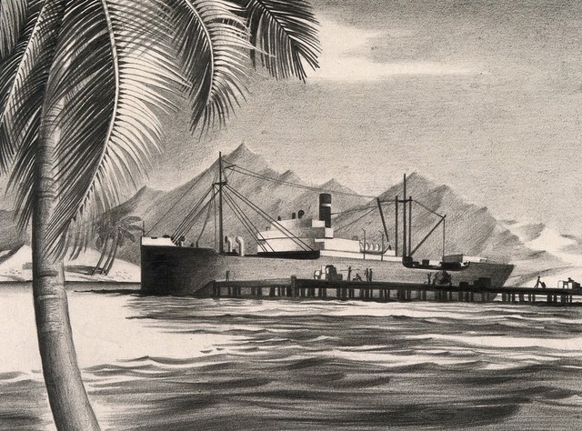 The ship carrying the plague arrives in another country. Drawing by A.L. Tarter, 194-.